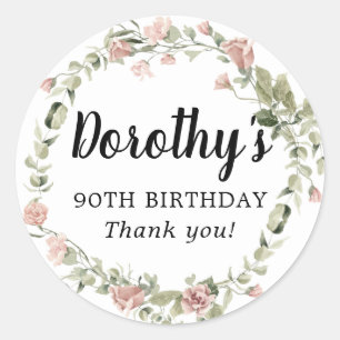 Rustic Pink Floral 90th Birthday Thank You Classic Round Sticker