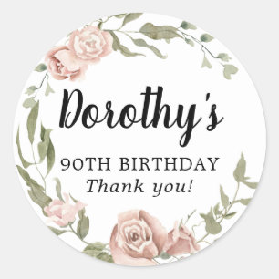 Rustic Pink Floral 90th Birthday Thank You Classic Round Sticker