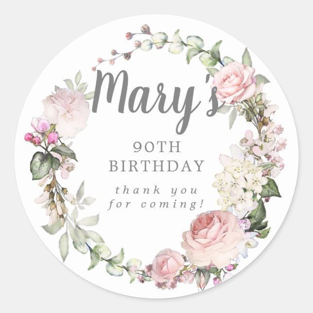 Rustic Pink Floral 90th Birthday Thank You Classic Round Sticker (Front)