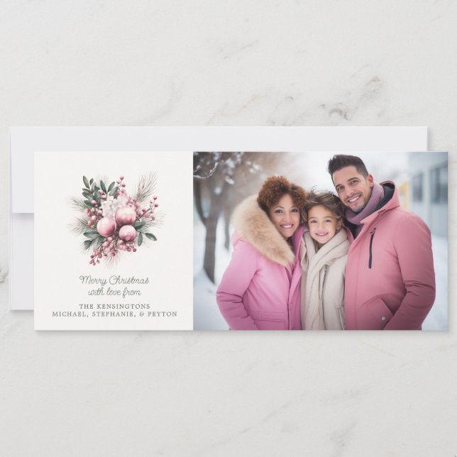 Rustic Pink Floral and Gingham Plaid Holiday Photo (Front)