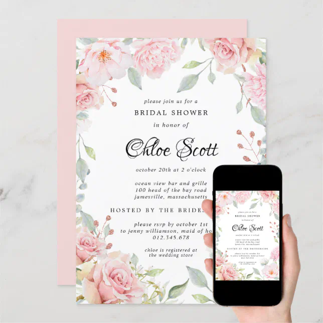 Rustic Pink Floral and Rose Gold Bridal Shower Invitation | Zazzle