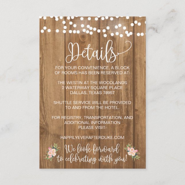 Rustic Pink Floral and Wood Wedding Detail Card (Front)