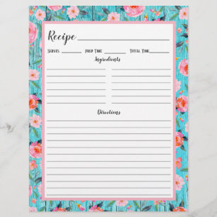 Rustic Pink Floral Aqua Wood Recipe Binder Page