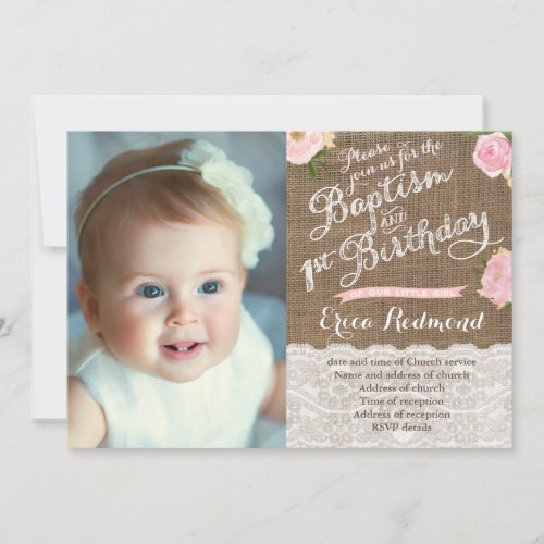 Rustic Pink Floral Baptism 1st Birthday Party Invitation