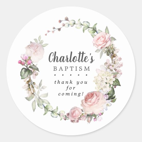 Rustic Pink Floral BaptismThank You Classic Round Sticker