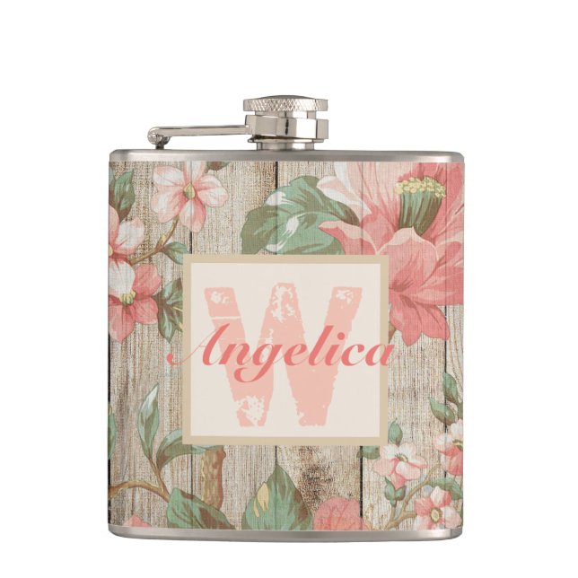 Rustic Pink Floral Barn Wood Monogram Flask (Front)