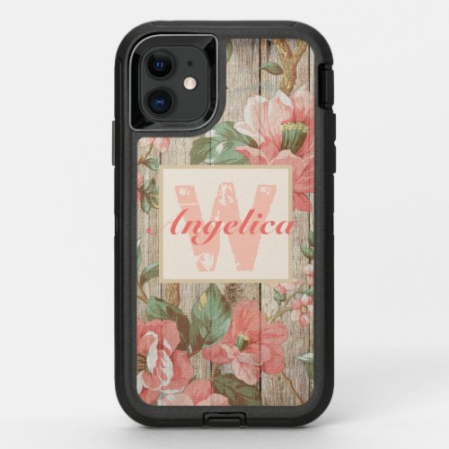 Rustic Pink Floral Barn Wood Monogram OtterBox Defender iPhone 11 Case