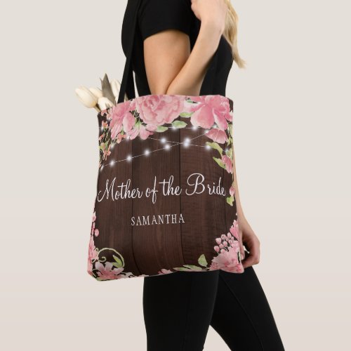 Rustic pink floral barn wood mother of the bride tote bag