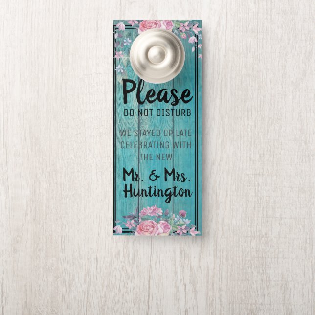 Rustic Pink Floral Barnwood Wedding Do Not Disturb Door Hanger (On Knob)