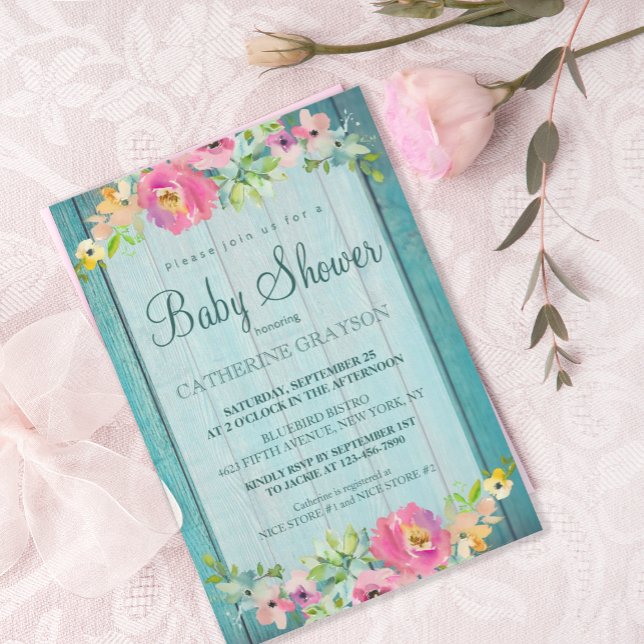 Rustic Pink Floral Blue Wood Baby Shower Invitation (Creator Uploaded)