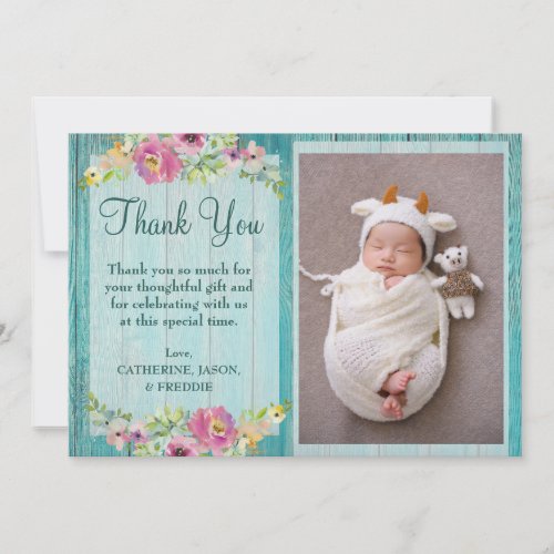 Rustic Pink Floral Blue Wood Baby Shower Thank You