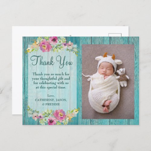 Rustic Pink Floral Blue Wood Baby Shower Thank You Postcard