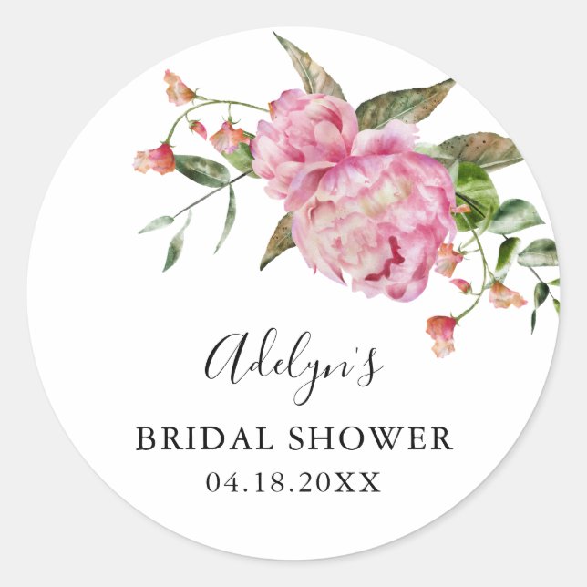 Rustic Pink Floral Bridal Shower Favor   Classic Round Sticker (Front)