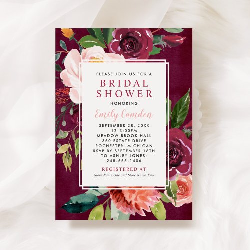 Rustic Pink Floral Burgundy Wedding Bridal Shower Invitation