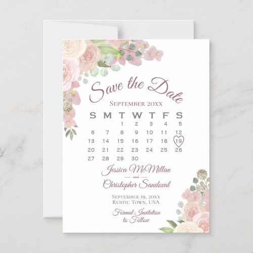 Rustic Pink Floral Calendar Wedding Save the Date Magnetic Invitation