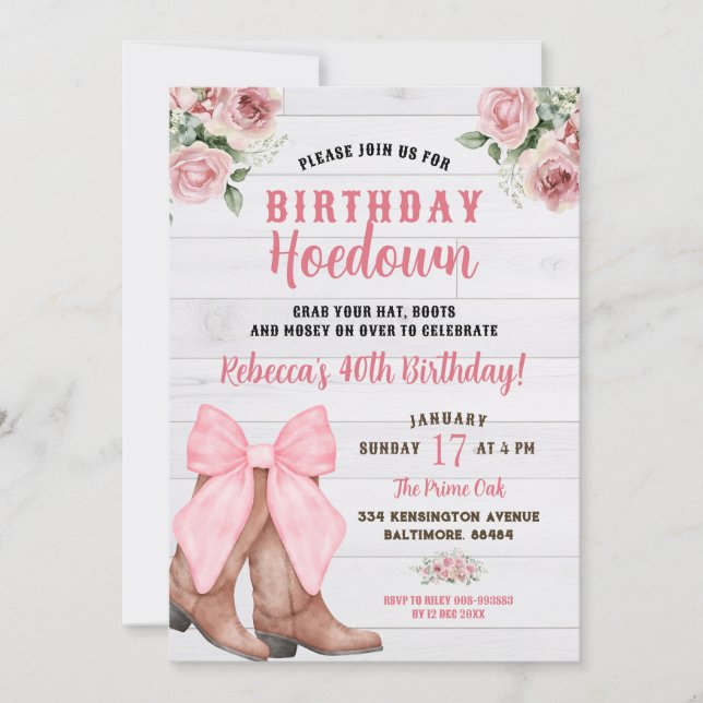 Rustic Pink Floral Conquette Cowgirl Boot Birthday Invitation (Front)