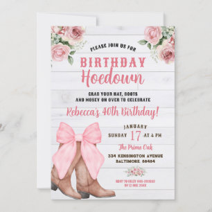 Rustic Pink Floral Conquette Cowgirl Boot Birthday Invitation