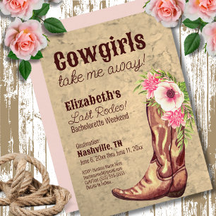 Rustic Pink Floral Cowgirl Bachelorette Party Invitation