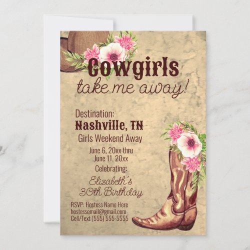 Rustic Pink Floral Cowgirl Invitation 2 sides