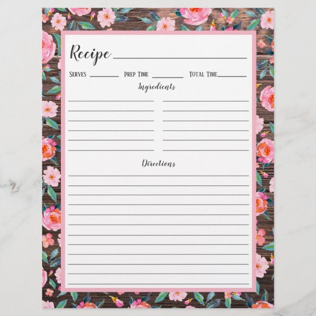 Rustic Pink Floral Dark Wood Recipe Binder Page (Front)