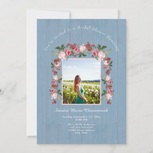 Rustic Pink Floral Dusty Blue Bridal Shower Invitation