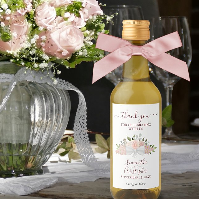 Rustic Pink Floral Elegant Wedding Thank You Mini Wine Label (Creator Uploaded)