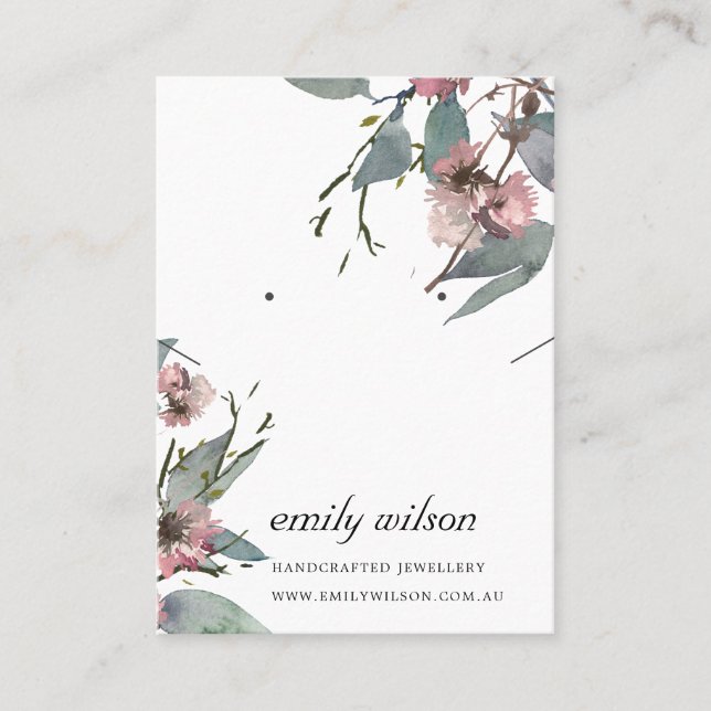 RUSTIC PINK FLORAL EUCALYPTUS EARRING NECKLACE BUSINESS CARD (Front)