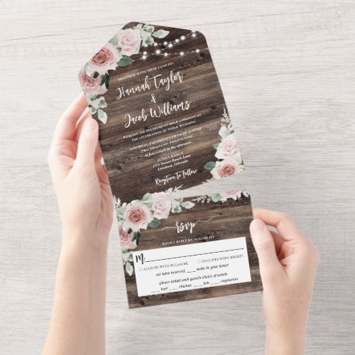 Rustic Pink Floral Eucalyptus String Light Wedding All In One Invitation