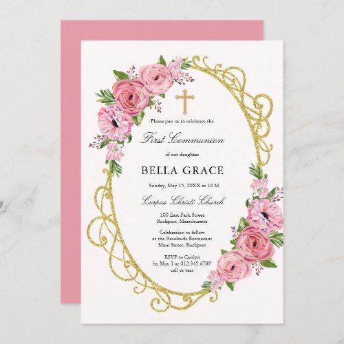 Rustic Pink Floral First Holy Communion Invitation