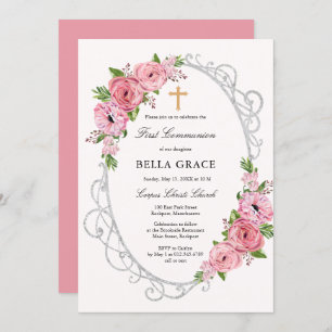 Rustic Pink Floral First Holy Communion Invitation
