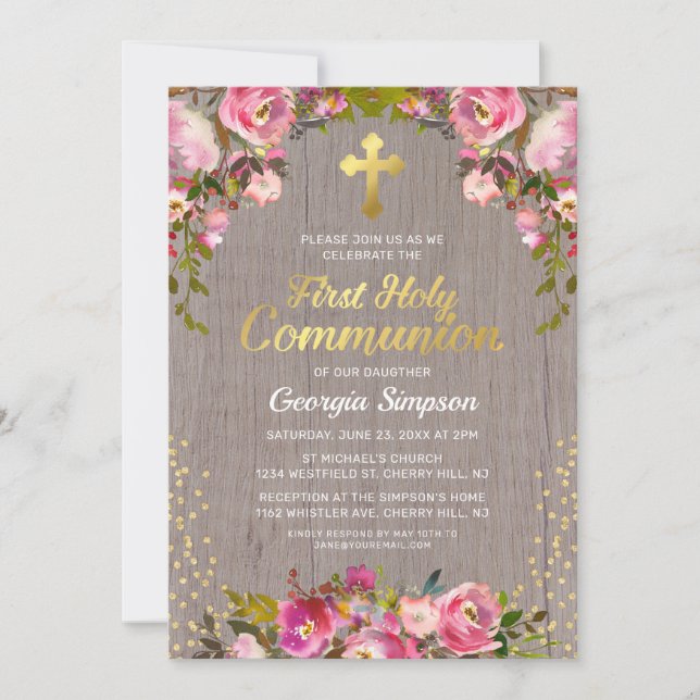 Rustic Pink Floral First Holy Communion Invitation (Front)