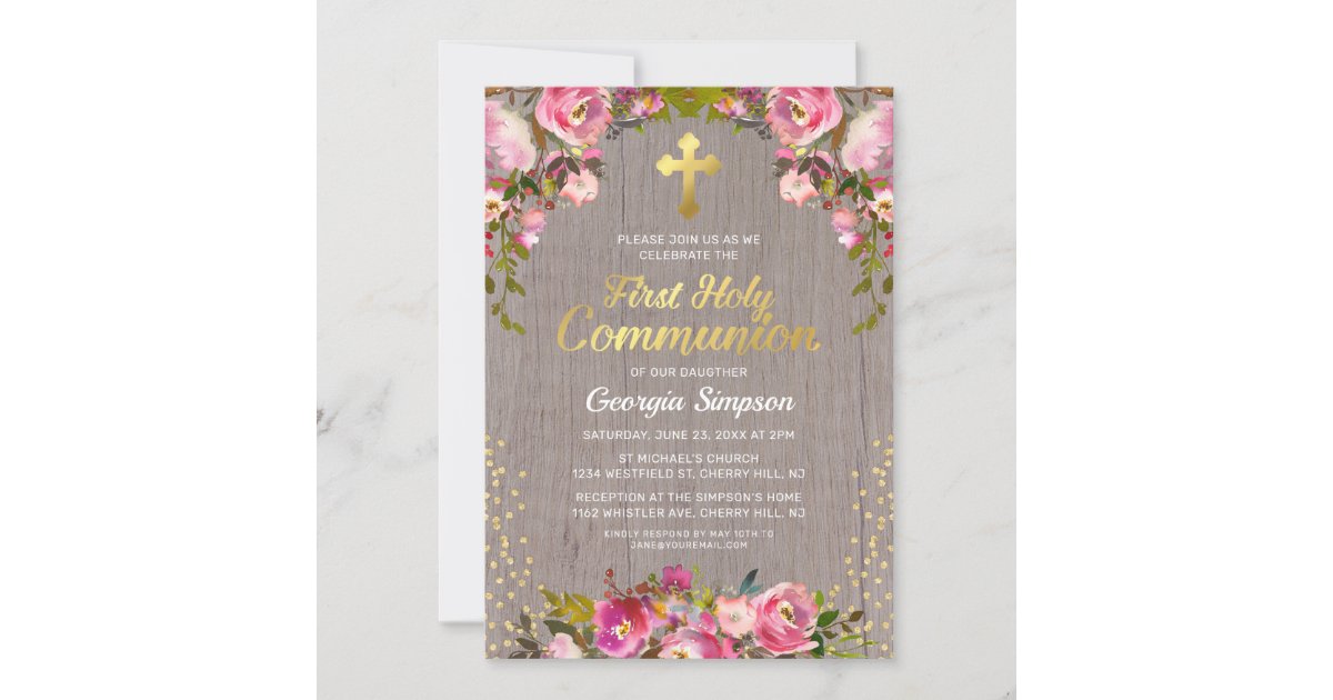 Rustic Pink Floral First Holy Communion Invitation | Zazzle