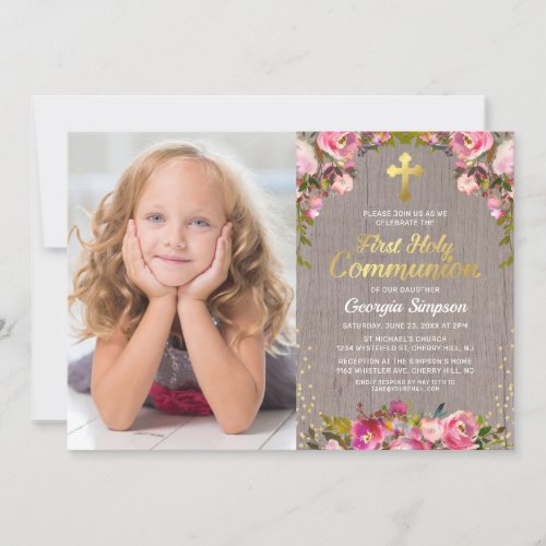 Rustic Pink Floral First Holy Communion Photo Invitation