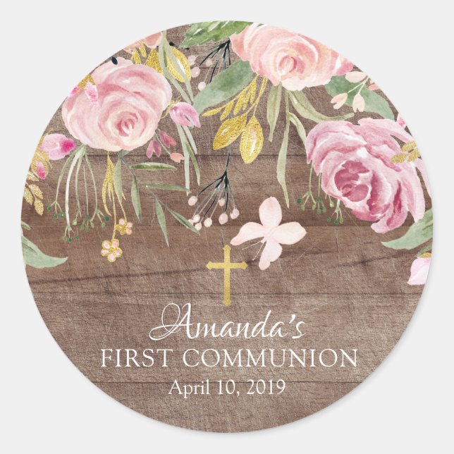 Rustic Pink Floral First Holy Communion Sticker (Front)