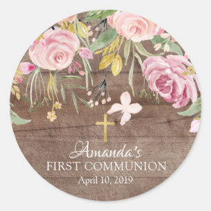 Rustic Pink Floral First Holy Communion Sticker
