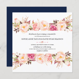 Rustic Pink Floral Frame Navy Blue Wedding Invitation