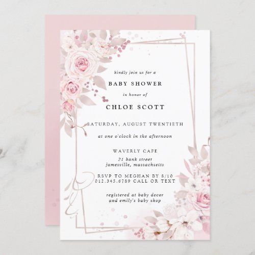 Rustic Pink Floral Geometric Frame Baby Shower Invitation