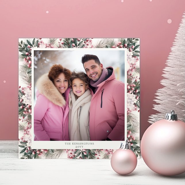 Rustic Pink Floral Gingham Plaid Holiday Photo Card (Creator Uploaded)