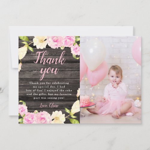 Rustic Pink Floral Girl Birthday Custom Photo Thank You Card