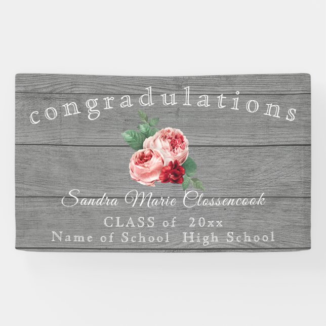 Rustic Pink Floral graduation Rustic Gray Wood Banner (Horizontal)