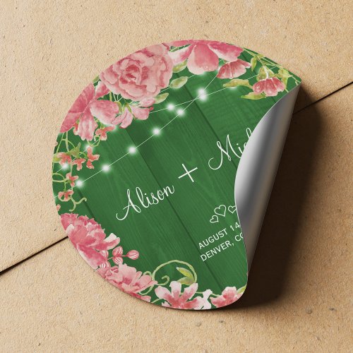 Rustic pink floral green barn wood summer wedding classic round sticker