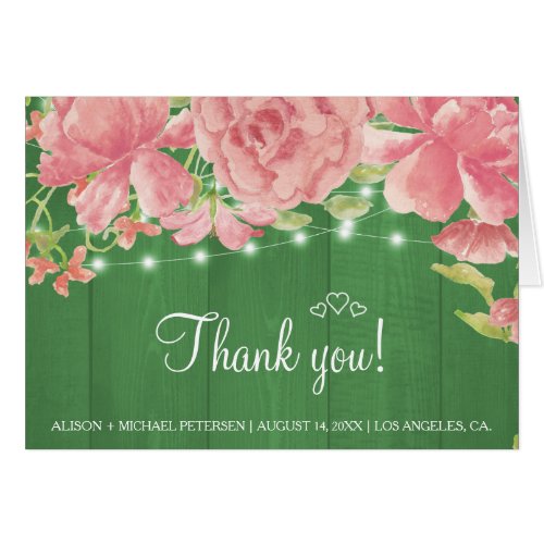 Rustic pink floral green wood wedding thank you