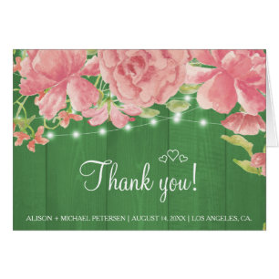 Rustic pink floral green wood wedding thank you cards