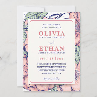 Rustic Pink Floral Hand Drawn Botanical Wedding Invitation