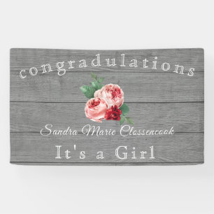 Rustic Pink Floral Its a Girl Rustic Gray Wood Banner