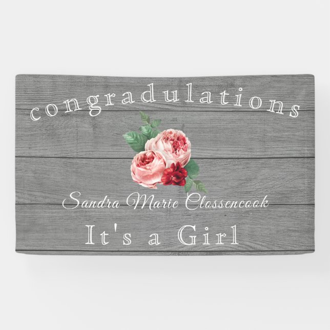 Rustic Pink Floral Its a Girl Rustic Gray Wood  Banner (Horizontal)