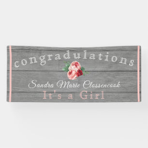 Rustic Pink Floral Its a Girl Rustic Gray Wood  Banner
