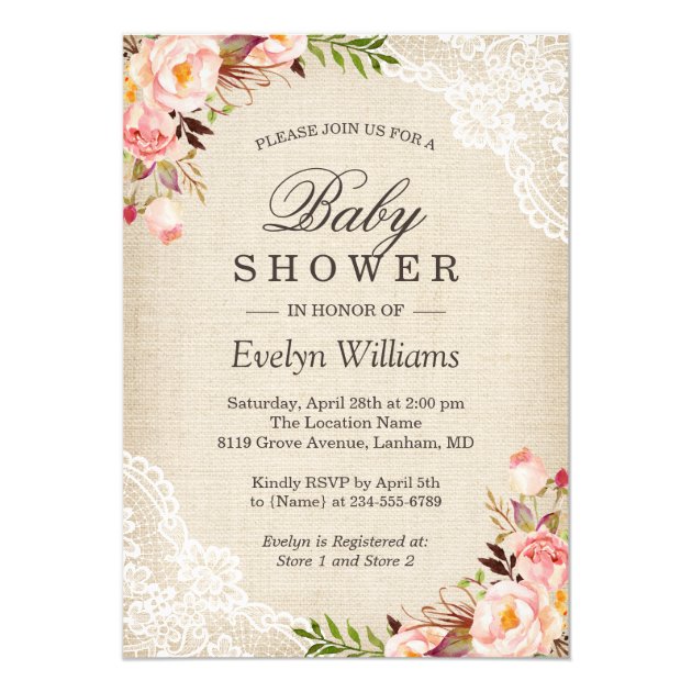 Rustic Pink Floral Ivory Burlap Lace Baby Shower Invitation
