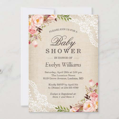 Rustic Pink Floral Ivory Burlap Lace Baby Shower Invitation