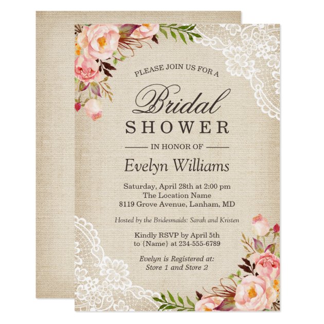 Rustic Pink Floral Ivory Burlap Lace Bridal Shower Invitation